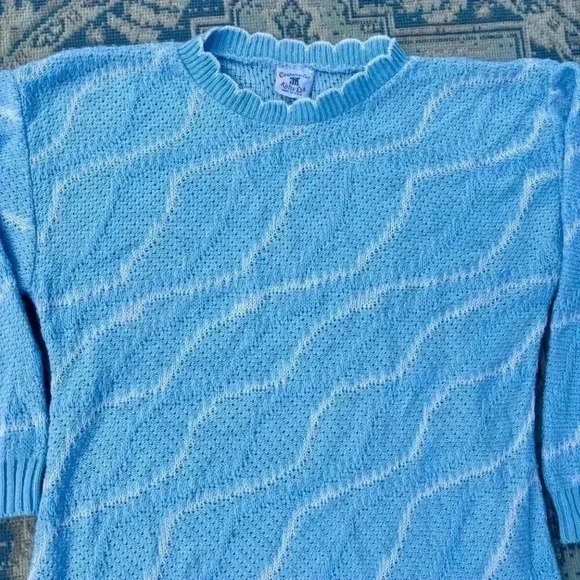 Vintage Centennial Knits Ltd Blue Scallop neck wavy 3D design white Medium 90s - Picture 2 of 9
